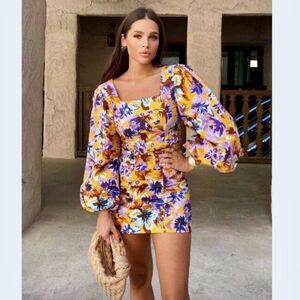 Zara Camilla Floral Square Neck Mini Dress Stretch Balloon Sleeve Size Small